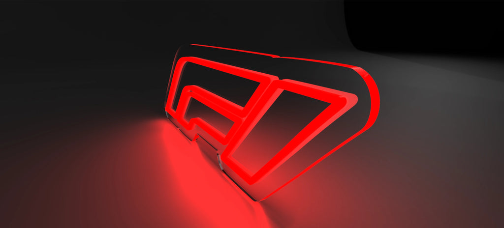 F1 semne neon led iluminate în roșu, dimensiune 53x17cm, cu telecomandă și suporti 3D.