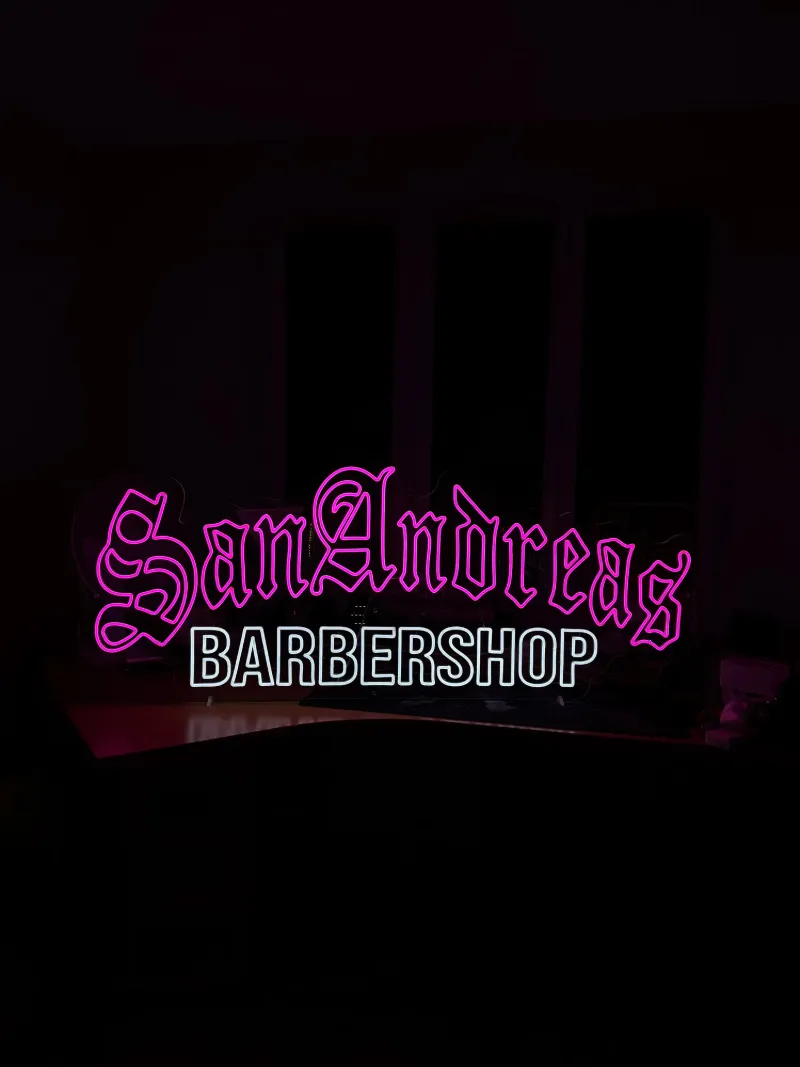 Semn neon LED roz pentru frizeria San Andreas Barbershop